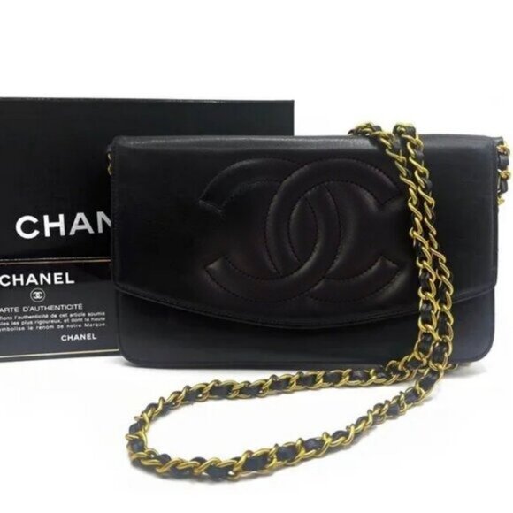 CHANEL CC Classic Timeless Lambskin Flap Wallet with Chain Purse Black Crossbody